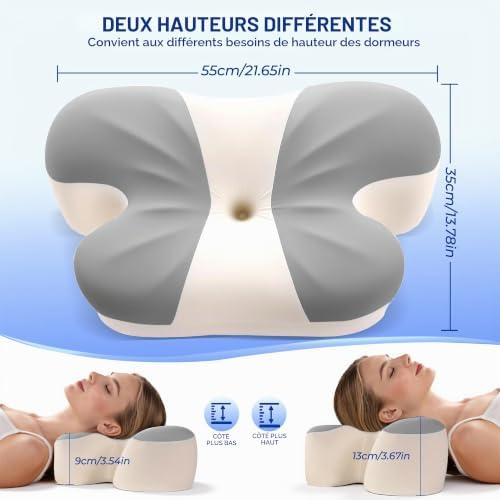 Oreiller Ergonomique Cervical pour Soulager Les Douleurs (Gris et Blanc)