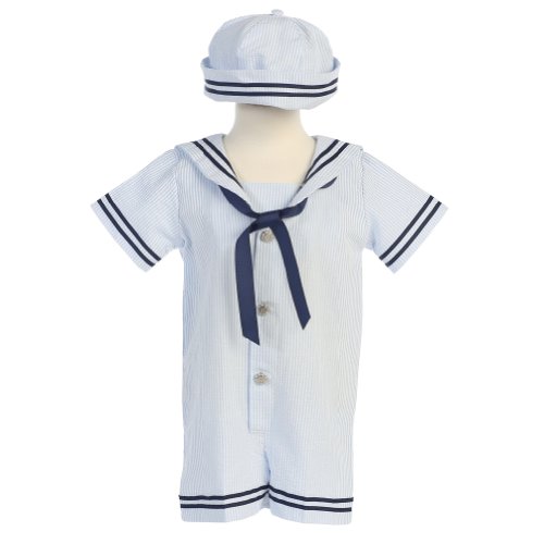 Lito Boys 12-18M Light Blue Seersucker Nautical Romper Hat Outfit
