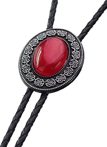 Moranse Bolo Tie with Round Flower And Gem Stone Parterre Style Genuine and Cowhide Rope(Red)