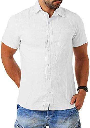 Men's Short Sleeve Linen Shirt Casual Button Down T-Shirts Front Pocket Standard Regular-fit Summer Top Blouse Tee Shirt