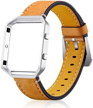 YuStar Compatible with Fitbit Blaze Watch Bands, Genuine Leather Strap Replacement Band with Metal Frame Wristband Women Men Black White Blue for Fibit Blaze Smart Watch