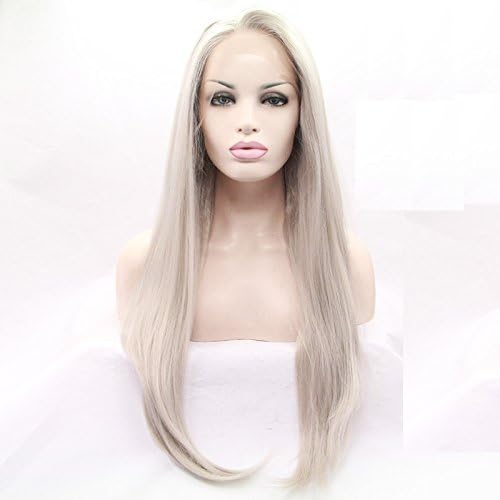 Xiweiya Long Grey Lace Front Wig Long Silver Blonde Synthetic Lace Front Wig 13x4 Lace Glueless Wig Heat Resistant Fiber Half Hand Tied Wig 180% Density Hair-replacement 26 inch for Women - Image 3