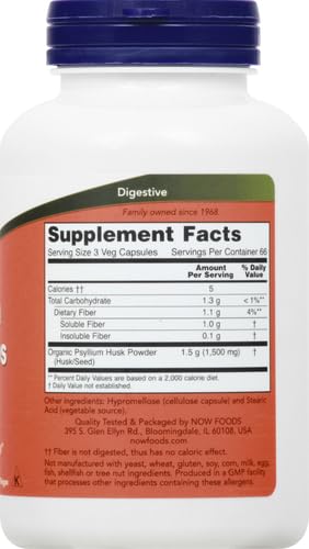 NOW Foods Supplements, Psyllium Husk Caps 500 mg, Non-GMO Project Verified, Natural Soluble Fiber, Intestinal Health*, 200 Veg Capsules