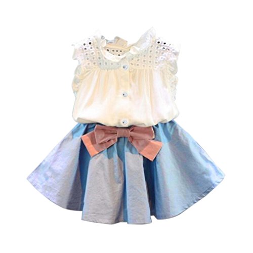 2PCS Toddler Kids Baby Girls Outfit Clothes Vest T-Shirt+Bowknot Short Skirt Set (Blue, 4/5T)