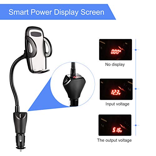 Car Phone Mount, Amoner 4 in 1 Phone Holder for Car, Cigarette Lighter Phone Car Mount with Long Gooseneck and Dual Port USB Charger Compatible 11 Pro 11 Xs Max Xs 8, Galaxy S9 S8, Mate20 P30 and More