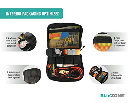 Blikzone Aqua Bundled Auto Roadside Assistance Emergency Car Kit-82 Essentials Pc: Digital Pressure Gauge, Portable Air Compressor, Jumper Cables, Tire Repair Kit, Tow Strap, LED Flash Light & More