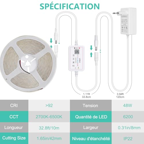 10 m COB LED Strip, App Control, 2700K-6500K Cool White LED Strip with Remote Control and Power Supply, 24V Dimmable LED Strip, 620LEDs/M, CRI >92, Width 8 mm, for Bedroom, Home Decor