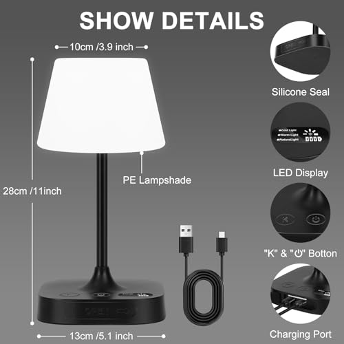 Eocean Rechargeable Waterproof Lamp for Shower, 12000mAh LED Cordless Table Bedside Lamp with USB Port, Small Wireless Battery Operated Touch Lamp for Bedroom, Bathroom, Kitchen, Outdoor