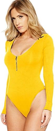 Ellie Hebe Women's Front Zipper Long Sleeve Bodysuit Stretchy Leotard Top Yellow S