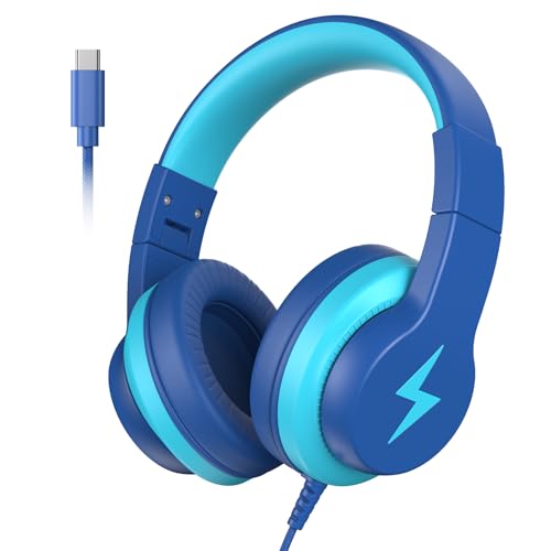 Candy Bila Kids Headphones for School,USB Type C Headphones for Kids, Wired Headphone for Kid, HD Stereo Sound, Foldable Kid Over-Ear Headphone for Boys, Girls, iPad, PC, Tablets, Travel-Deep Bule