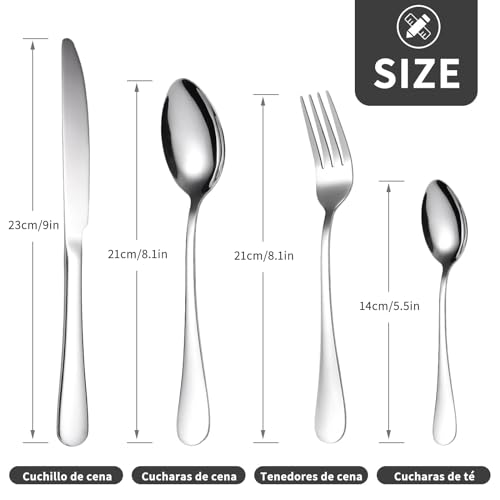 Juego de Cubiertos, 24 Piezas Juego de Cubiertos de Acero Inoxidable, Tenedor, Cuchara, Cuchillo, Set de Cubiertos para 6 Personas, Caja de Regalo y Tarjeta de Felicitación, Lavavajillas (Plata)