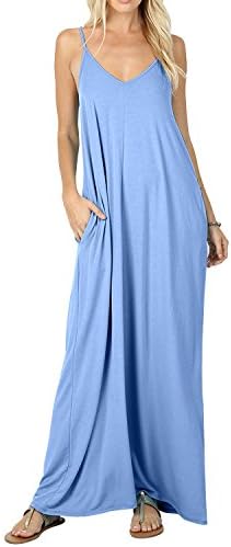 CALIPESSA Womens Summer Pockets Casual Plain Swing Maxi Tank Dress Sky Blue XL