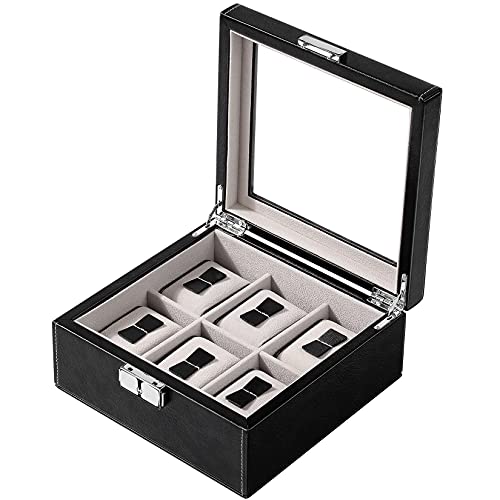 BareTulip Watch Box Organizer for Men Watch Case Holder 6 Slot Watch Box Pu Leather Watch Display with Glass Window and Lock Black+Grey