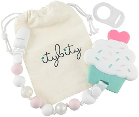 Cupcake Teething Toys with Pacifier Clip Girl, Baby Gift Set (Pink, Pearl)