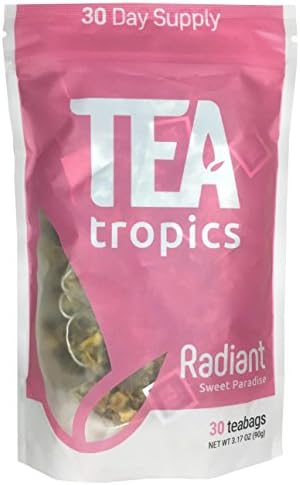 Tea Tropics 30 Day Radiant Tea | Promotes Healthy Hair, Skin, Nails | Anti Aging Formula for Acne & Wrinkles | Natural Supplement | 30 Biodegradable Pyramid Tea Bags