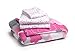 Toddler Bedding Set | Girls 4 Piece Collection | Fitted Sheet, Flat Top Sheet w/ Elastic bottom, Fitted Comforter w/ Elastic bottom, Pillowcase | Delta Children | Pink Clouds | Hot Pink Grey