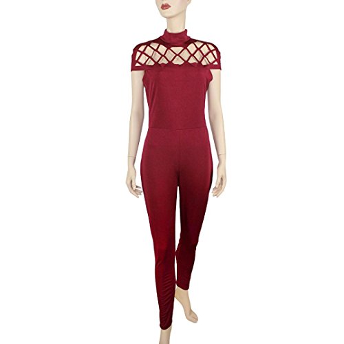 PHOTNO Women's jumpsuits Rompers for women High Neck Caged short sleeve Playsuits (M, Red)