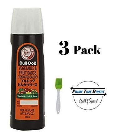 Bull-Dog Tonkatsu Vegetable and Fruit Sauce - 16.9oz (Pack of 3) with Silicone Basting Brush in a Prime Time Direct Sealed Bag