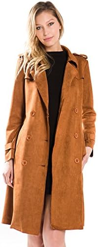 FANCO Women's Duster Coat Faux Suede Lapel Double Breasted Trench Coats With Belts (S, Camel)