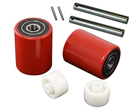 Pallet Jack/Truck Load Wheels Set with Entry Exit Roller (4 pcs) 2.75" x 3.75" with Bearings ID 20mm Poly Tread Red