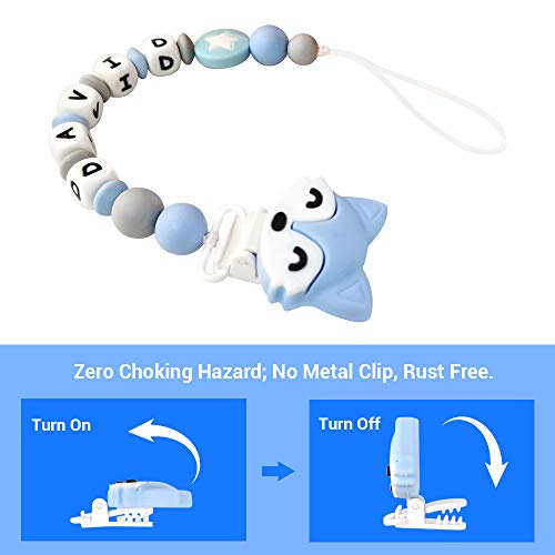 Pacifier Clip Personalized Name with Fox Teether, MCGMITT Customized Binky Holder Teething Silicone Beads for Baby Boys (Blue) - Thumbnail 3