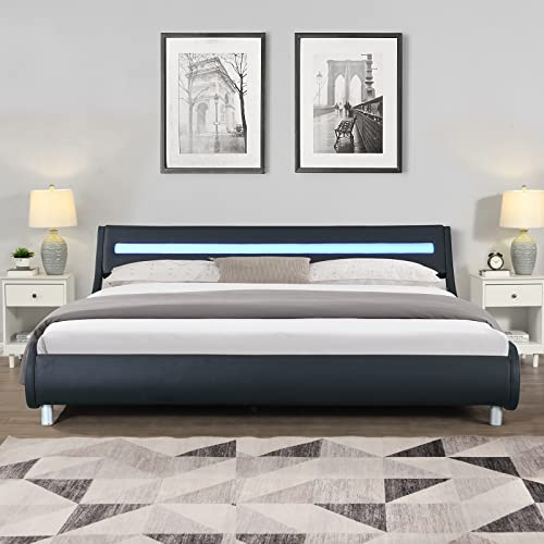 King Upholstered Smart LED Bed Frame with Headboard, Durable Sleigh Low