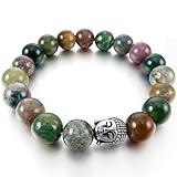INBLUE Women,Men's 10mm Alloy Bracelet Link Wrist Energy Stone Green Silver Tone India Indian Agate Buddha Mala Beads Elastic