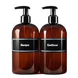 Bottiful Home-16 oz Refillable Empty Durable Translucent Amber PET Plastic Shampoo & Conditioner Bottle Set-B&W Pre-Applied Fully Waterproof Labels-100% Rust-FREE, Clog-FREE, Drip-FREE