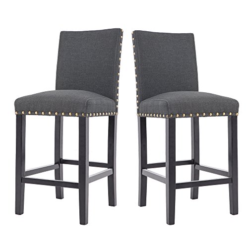 GOTMINSI Nailhead 24" Counter Height Stools Upholstered Bar Stools with Solid Wood Legs, Set of 2 (Charcoal) - Thumbnail 3