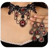 Missgrace Boho Punk Black Tassels Red Crystals Lace Choker Necklaces Earrings Set Gothic Accessories Halloween Gothic Punk Black Beads Necklace Earrings Set for Women