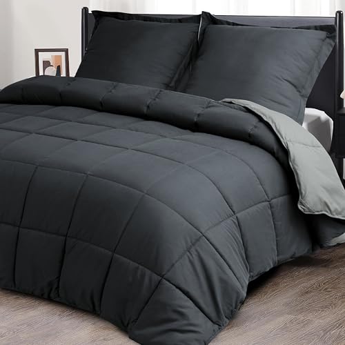 HIG Bettdecke 240x220 cm + 2 Kissenbezüge 65x65cm – Oeko-TEX zertifizierte graue Steppdecke, kastenförmig genäht – 1500g Daunenalternative (250GSM) weich & flau