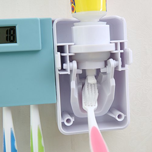 Toothbrush Holder Wekity Toothpaste Automatic Dispenser Anti-dust Cover Toothbrush Holder Squeezer Kit with Electric Watch, 3 Holders Wall Mounted Bathroom Accessories Storage Set (Blue)