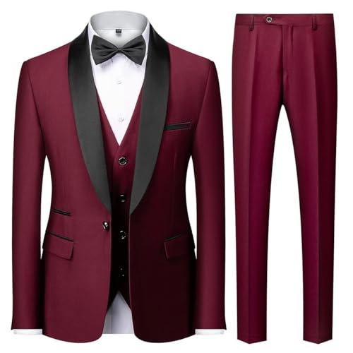 KUDMOL Men's 3-Piece Suit Wedding Slim Fit One Button Business Tuxedo Suits 3 Piece Solid Color for Party Comfort Blazer Jacket and Trousers Vest