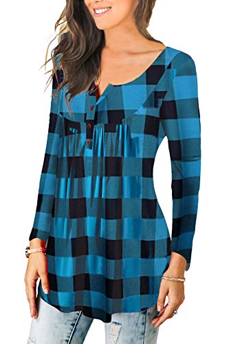 Fall V Neck Soft Tops Plaid Long Sleeve Shirts for Women Blue Plaid M