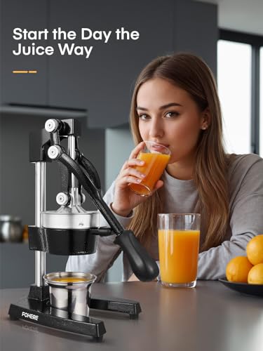 FOHERE Lemon Squeezer Juicer, Cast Iron Juicer Manual Citrus Lemon Juice Press, Hand Press Juicer for Grapefruit Pomegranate, Orange, Lemonade, Commercial Manual Citrus Juicer, Easy to Clean (Black)