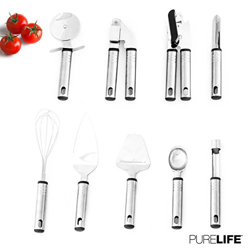 Kitchen Tools Set 9 Pc | Stainless Steel Kitchen Utensil Set | Tools Set Include Scooper, Pizza Cutter, Cheese Slicer, Peeler, Garlic Presser, Can Opener, Cake Server, Apple Corer, Egg Whisk - Thumbnail 6