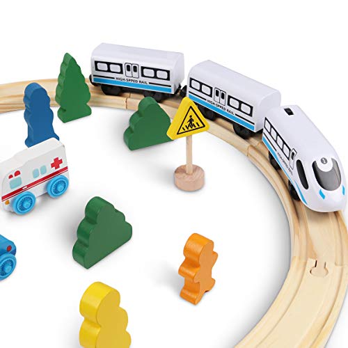 image for Lydaz Wooden Train Tracks Set with Magnetic Battery Operated Train for