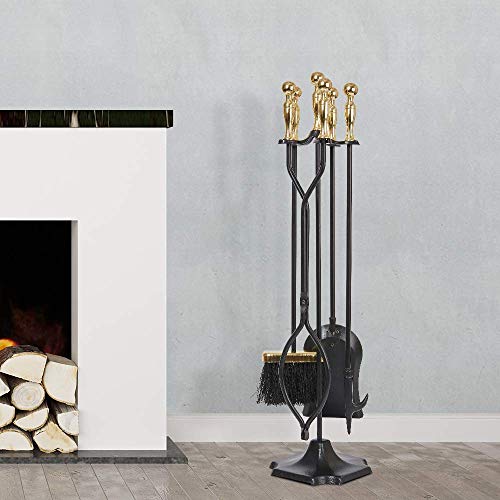 5 Pcs Fireplace Tools Sets Golden Handle Wrought Iron Fire