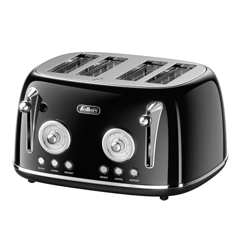 Feller Germany, Retro Style 4-Slice Toaster, 1630 W, Steel Body, 2 Dust Covers & 2 Bun Warmers, Defrost, Reheat, & Cancel Function, 4 Extra wide Bread Slots, Removable Crumb Tray, TO490 (Glossy Black)