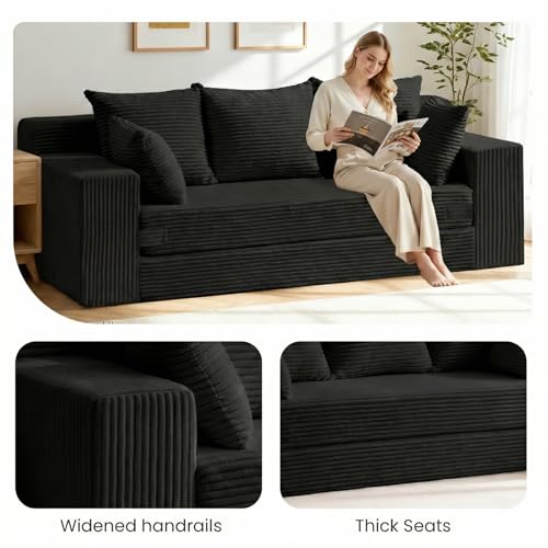 Winzoo Convertible Sofa Bed, Pull Out 3 Seater Sleeper Sofa, 70" Black Boneless Couch Fold Out Floor Couch with 5 Pillows for Living Room Bedroom Lounge Small Space