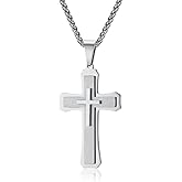 REchoLI Cross Necklace for Man, Stainless Steel Silver/Black Cross Layered Pendant with Chain Christian Jewelry Necklace