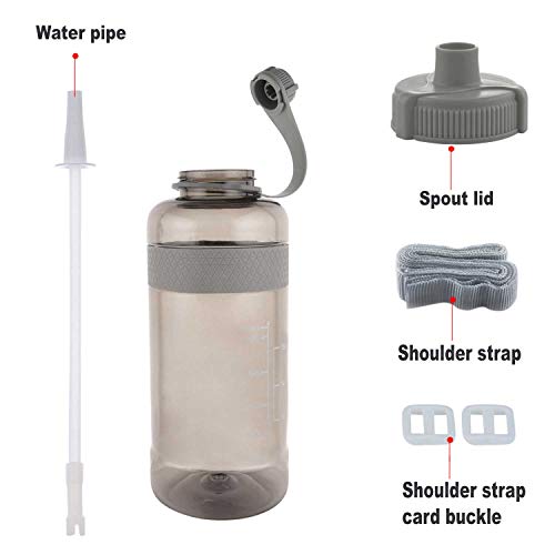 GTI 32 oz Sports Water Bottle with Straw, BPA Free Leak Proof Wide Mouth Portable Water Jugs for Fitness and Outdoor Enthusiasts, Plastic Drink Water Bottle with Scale Strap - Gray