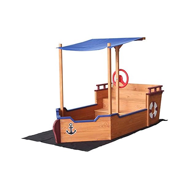 HOME DELUXE - Sandkasten MATSCHEKISTE - Segelschiff inkl. Bodenplane und Dach - Maße: 160 x 78 x 103 cm - inkl. Montagematerial | Holzsandkasten Piratenboot Sandbox