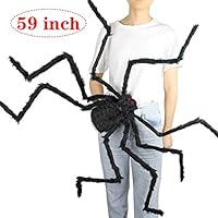 KOMIWOO 59 Inch 150CM Giant Huge Black Spider Decorations, Halloween Large Size Realistic Fake Hairy Spider Decor, Outdoor Big Spider Props for Halloween Party, Garden Patio Spiderweb Decoration