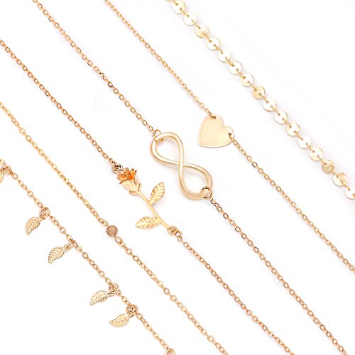 Daycindy Infinity Love Rose Charms Coin Chain Anklets for Women Golden, Pack of 4