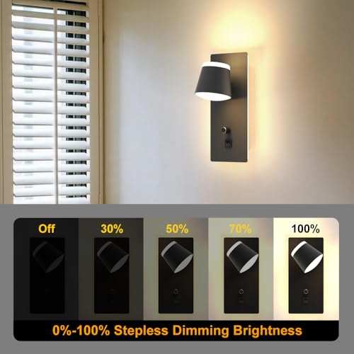 Sytmhoe 2 Pieces Wall Sconces with USB Charging Type C Bedroom, 16 W 3000 K Dimmable Rotatable Lamps for Wall Light Switch, Black Aluminium Led Lights Lamp Reading Lamp Bedside Wall