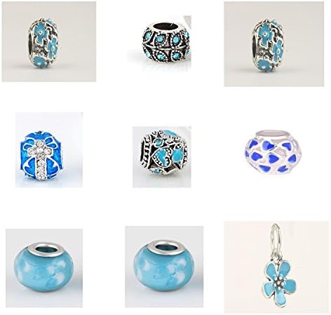 [BLUE FLOWER THEME] AODUOLA 9 Pcs A Lot Silver Lampwork Murano Glass Charms Mix Assortment Beads Fit All Popular European Style Bracelets
