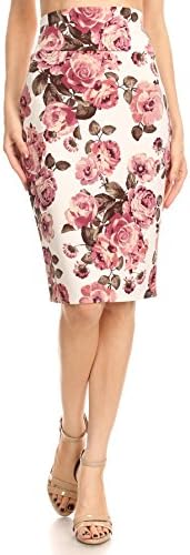 Fashion Brands Group Scuba Pencil Skirt Midi Bodycon Skirt Knee High Skirt, Office Skirt High Waist (Ivory w Mauve, Medium)
