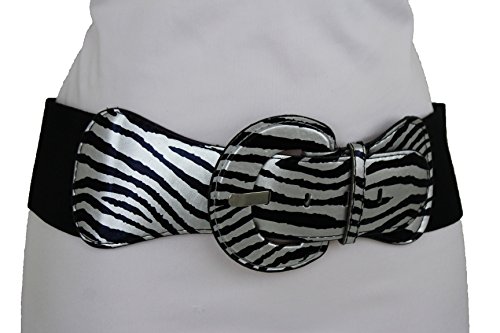 TFJ Women Fashion Stretch Wide Belt Waist Hip Zebra Animal Print M L XL Black Silver