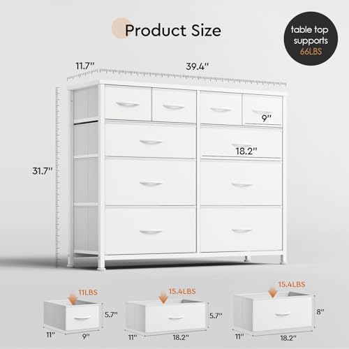 YeTom Dresser for Bedroom with 10 Drawers, 4-Tier Wide Storage Chest of Drawers with Removable Fabric Bins for Closet Nursery Bedside Living Room Laundry Entryway Hallway, White
